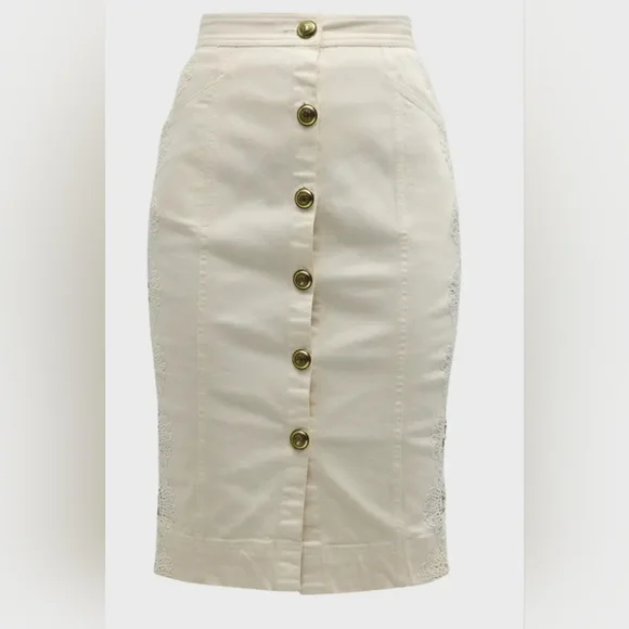 $465 Ramy Brook Women's LENNOX Denim & Lace Midi Skirt In Ivory Size 6 $395 HTF